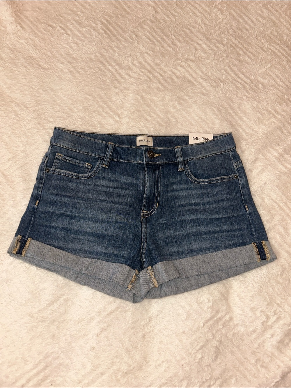 Sneak Peek Mid Rise Dark Blue Cuffed Denim Shorts